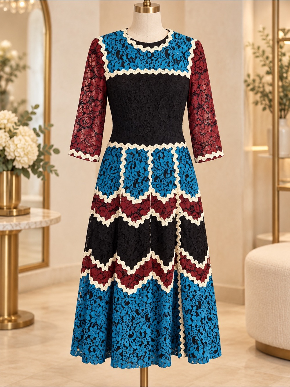 STOGOVA Elegant Lace Midi Dress in Blue, Black & Burgundy Patchwork USA Small